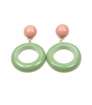 Oud roze met groene oorclips met ronde hanger