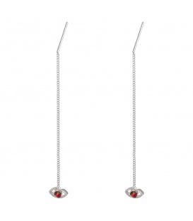 Zilverkleurige oorbellen met als hanger een oog en rood strasssteentje