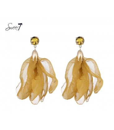 Gele stoffen oorbellen met strass steentje