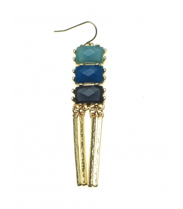 Blauwe oorbellen met goudkleurige metalen staafjes