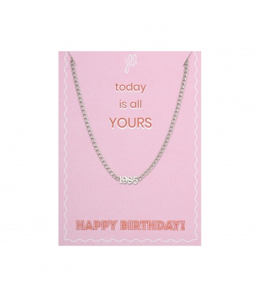Zilverkleurige halsketting met geboortejaar 1985 en verjaardagskaart
