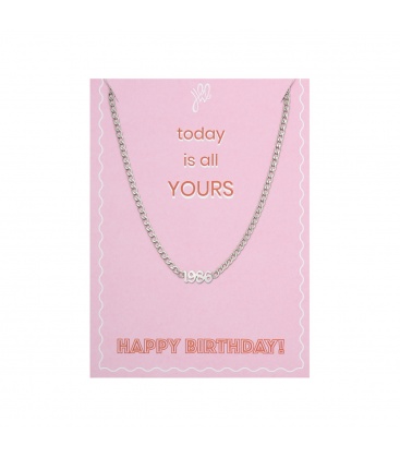 Zilverkleurige halsketting met geboortejaar 1986 en verjaardagskaart