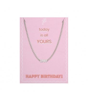 Zilverkleurige halsketting met geboortejaar 1989 en verjaardagskaart