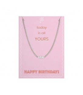 Zilverkleurige halsketting met geboortejaar 1990 en verjaardagskaart