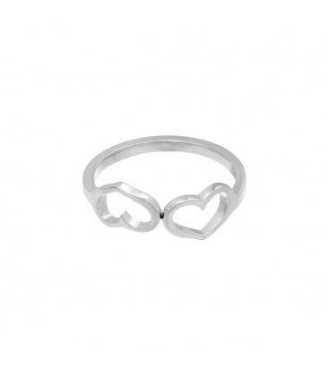 Zilverkleurige ring met twee verbonden hartjes (17)