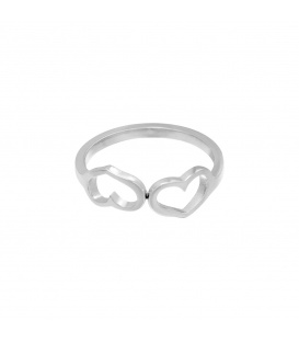 Zilverkleurige ring met twee verbonden hartjes (18)