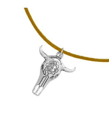 Lederen bruine koordhalsketting (choker) met buffelhoofd hanger