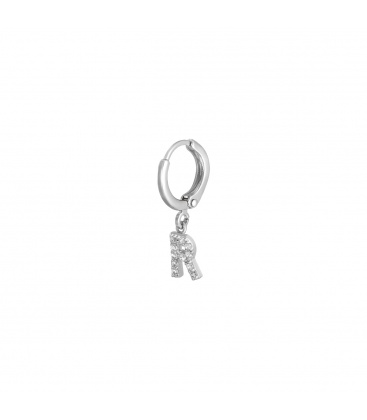 Zilverkleurige oorbel met zirkonia steentjes en initiaal R
