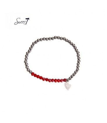 Elastische armband met zilverkleurige en rode kralen