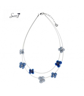 Zilverkleurige tweelaagse ketting met blauwe bloemen