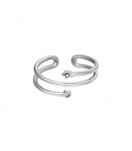 Zilverkleurige spiraal ring met sterretje en cirkel met zirkoonsteen