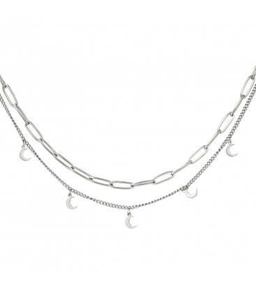 Zilverkleurige dubbele halsketting met maanvormige hangertjes