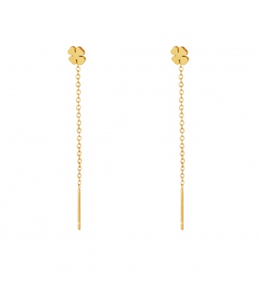 Goudkleurige hangende ketting oorbellen met een klaver bedel