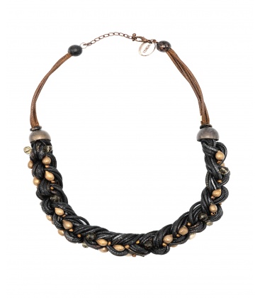 Bruin gevlochten halsketting met verschillende kralen
