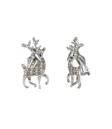 Zilverkleurige oorclips met als afbeelding een rendier en strass steentjes