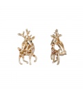 Goudkleurige oorclips met een afbeelding als rendier en paars met witte strass steentjes