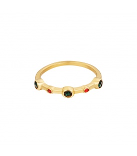 Goudkleurige ring met kleine groene en rode zirkoonsteentjes (17)