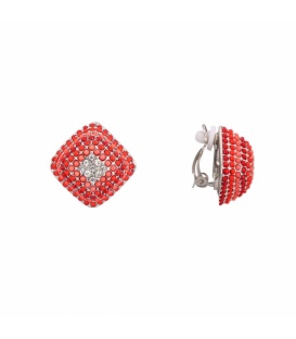 Rode vierkante oorclips met rode kralen en heldere witte strass steentjes