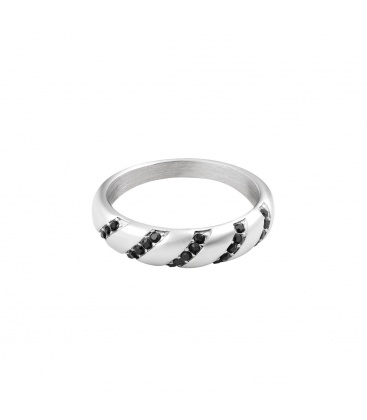 Zilverkleurige smalle croissant ring met zwarte zirkoonstenen (17)