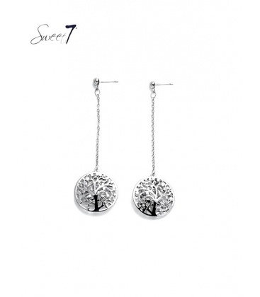 Zilverkleurige oorhangers met kettinkje en een levensboom 