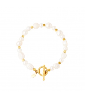 Goudkleurige armband met witte gecultiveerde zoetwaterparels