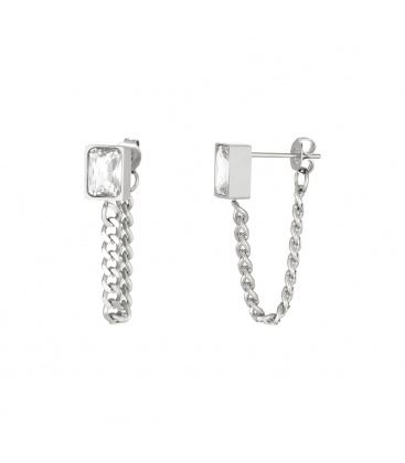 Zilverkleurige oorhangers met ketting en zirkonia steentje