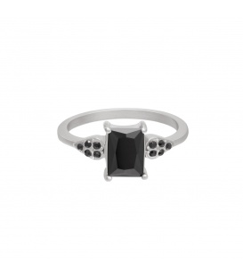 Zilverkleurige ring met een zwarte vierkante steen en kleine zirkoonsteentjes (18)