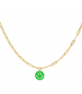 Goudkleurige halsketting met een groene smiley bedel