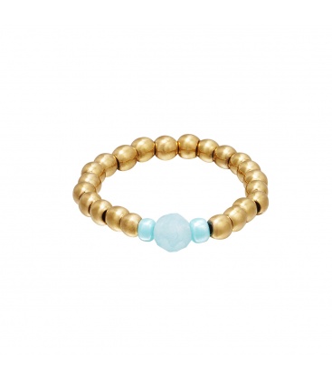 Teenring met goudkleurige kralen en drie blauwe stenen