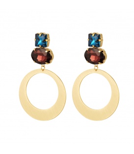 Goudkleurige oorhangers met blauwe en rode glaskralen stenen