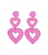 Fuchsia roze glas kralen oorhangers met dubbele harten hanger