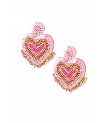 Kralen oorbellen hart met franjes roze 