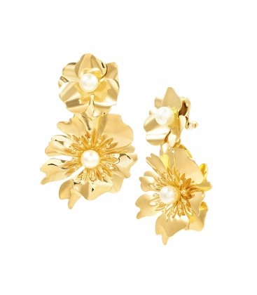Prachtige Goudkleurige Oorhangers met 2 Bloemen en 2 Pareltjes - Voeg Elegantie toe aan je Look!