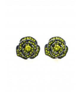 Groene en Gele Bloemvormige Oorclips met Strass Steentjes - Trendy Mode Accessoire