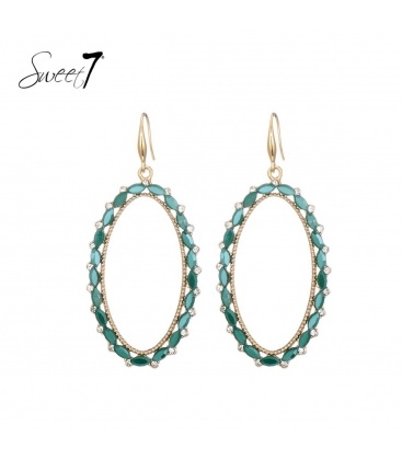 Groene ovale glas kralen oorhangers met heldere strass steentjes