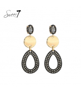 Zwarte oorhangers met een goudkleurig element en glas steentjes