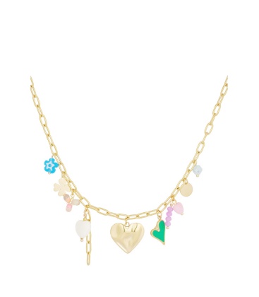 Goudkleurige halsketting met gekleurde bedels