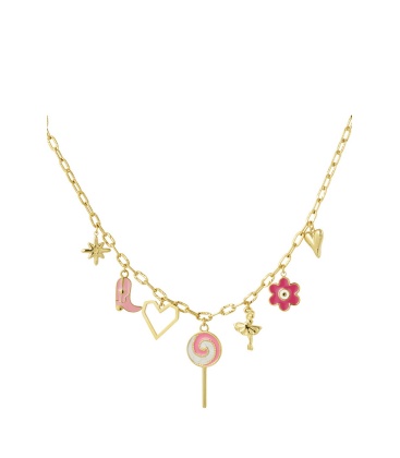 Goudkleurige halsketting met verschillende bedels in de kleur roze