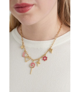 Goudkleurige halsketting met verschillende bedels in de kleur roze