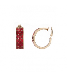 Goudkleurige creolen oorclips met rode glas steentjes