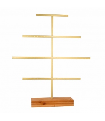 Goudkleurige sieraden rek met een blank houten voet 