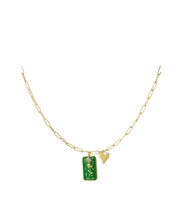 Goudkleurige halsketting met een groene bedel en een hartje