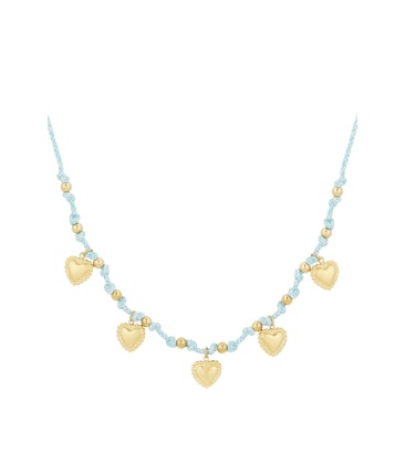 Licht blauwe halsketting met goudkleurige harten bedels