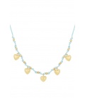 Licht blauwe halsketting met goudkleurige harten bedels