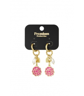 Goudkleurige oorhangers met een roze bloemen bedel, hartje, en acryl pareltje