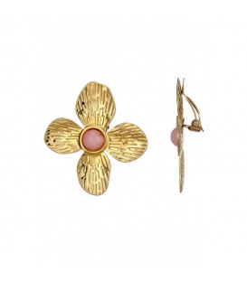 Goudkleurige bloemen oorclips met een roze steentje