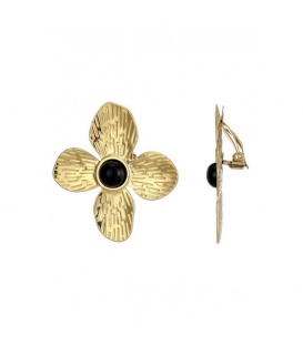 Goudkleurige oorclips in bloem vorm met een zwart steentje