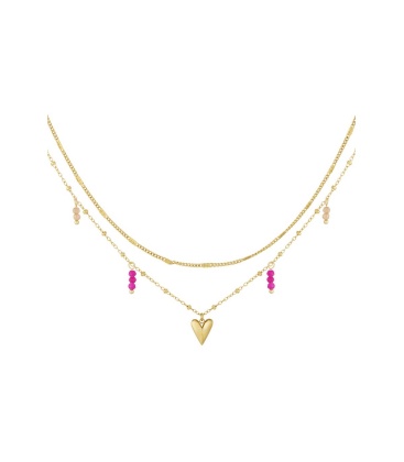 Goudkleurige halsketting meteen harten bedel en gekleurde kraaltjes