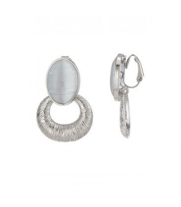 Zilverkleurige oorclips met een wit cat eye steen