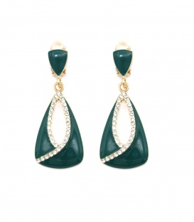 Groene oorclips met een heldere strass rand in het midden van de hanger